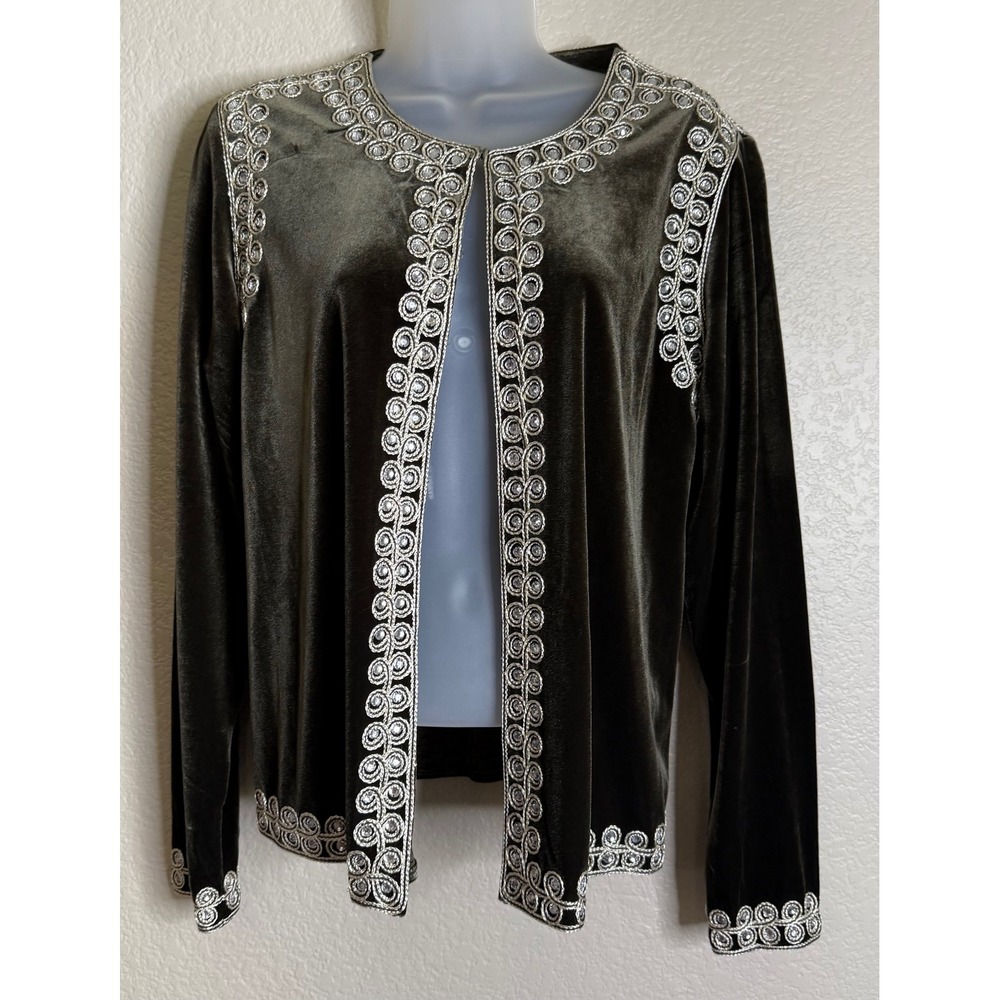 Victor Costa Medium Cardigan‎ Jacket Brown Velvet Embroidered Rhinestone NEW